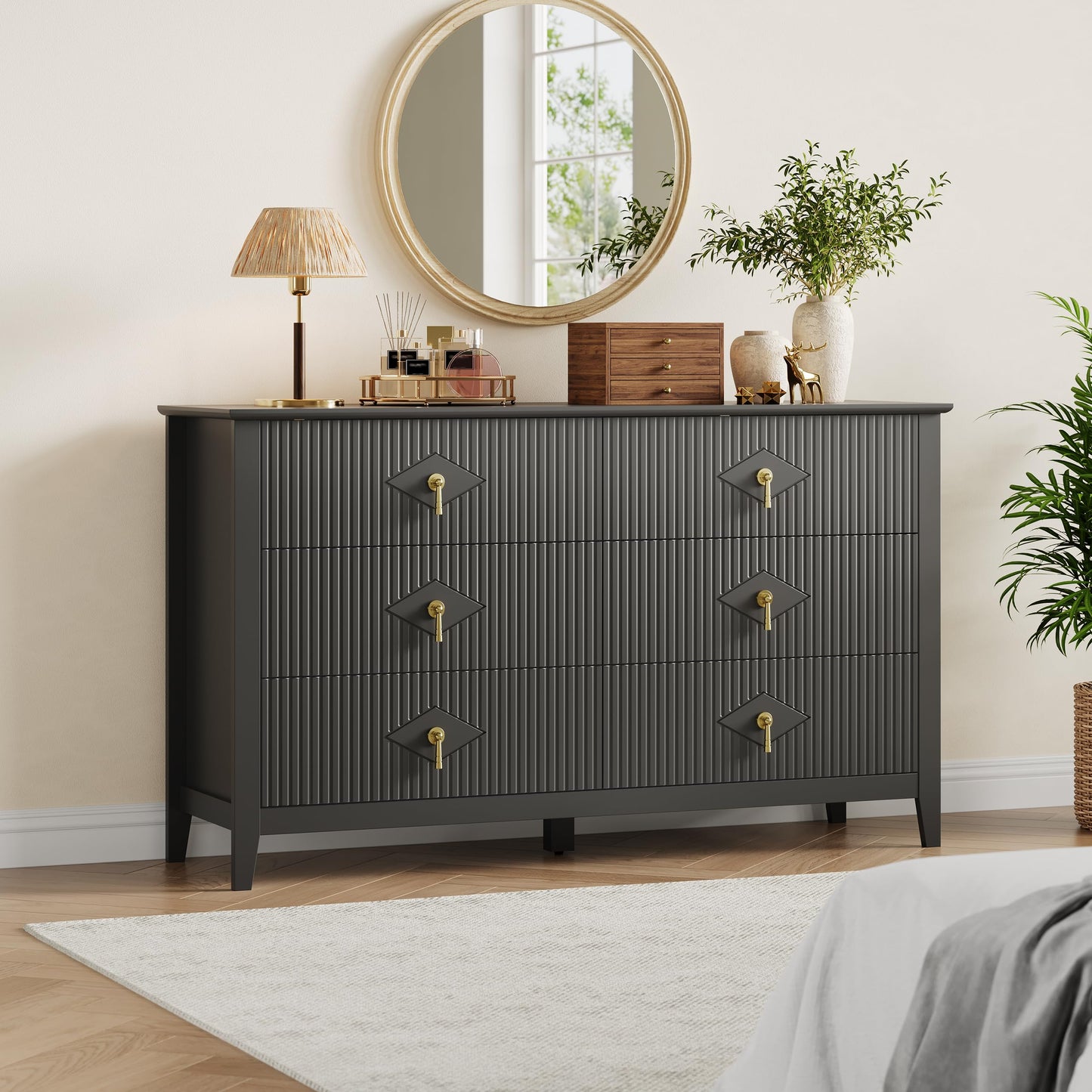 GarveeHome Fluted Dresser for Bedroom, 54 Inch Wide 6-Drawer Wood Dresser, Modern Chest of Drawers, Storage Organizer Cabinet for Living Room, Hallway, Entryway, Black