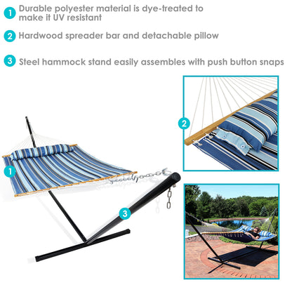 Sunnydaze Quilted Double Hammock with Stand for Outside - 400-Pound Capacity 2-Person Hammock with Stand - 15-Foot Stand - Misty Beach