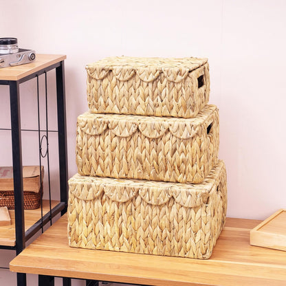 Set 3 LUSYDECO of Scalloped Edge Wicker Basket with Lid, Rectangle Wicker Storage Basket with Built-in Handles