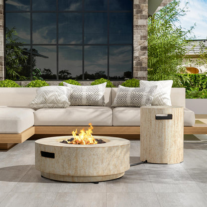 Christopher Knight Home Hearth Outdoor Fire Pit and Tank Holder Set, Lightweight Concrete Tank Table, 40000BTU Round Fire Pit, Concrete Patio Fire Table, No Assembly Needed, Travertine Beige