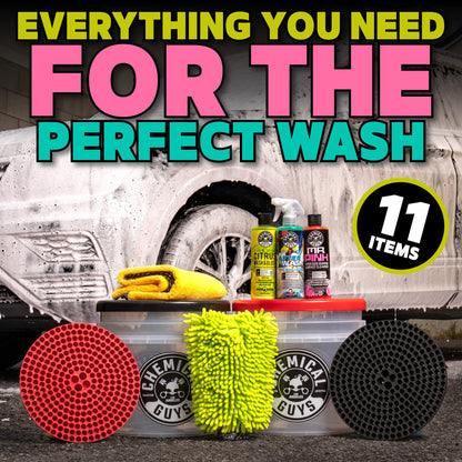 Chemical Guys Two Car Wash Bucket Kit with Dual Dirt Trap Filters, Chenille Wash Mitt, Mr. Pink, Citrus Wash, After Wash, and Drying Towel - 11 Items - Two Bucket Method Complete Setup