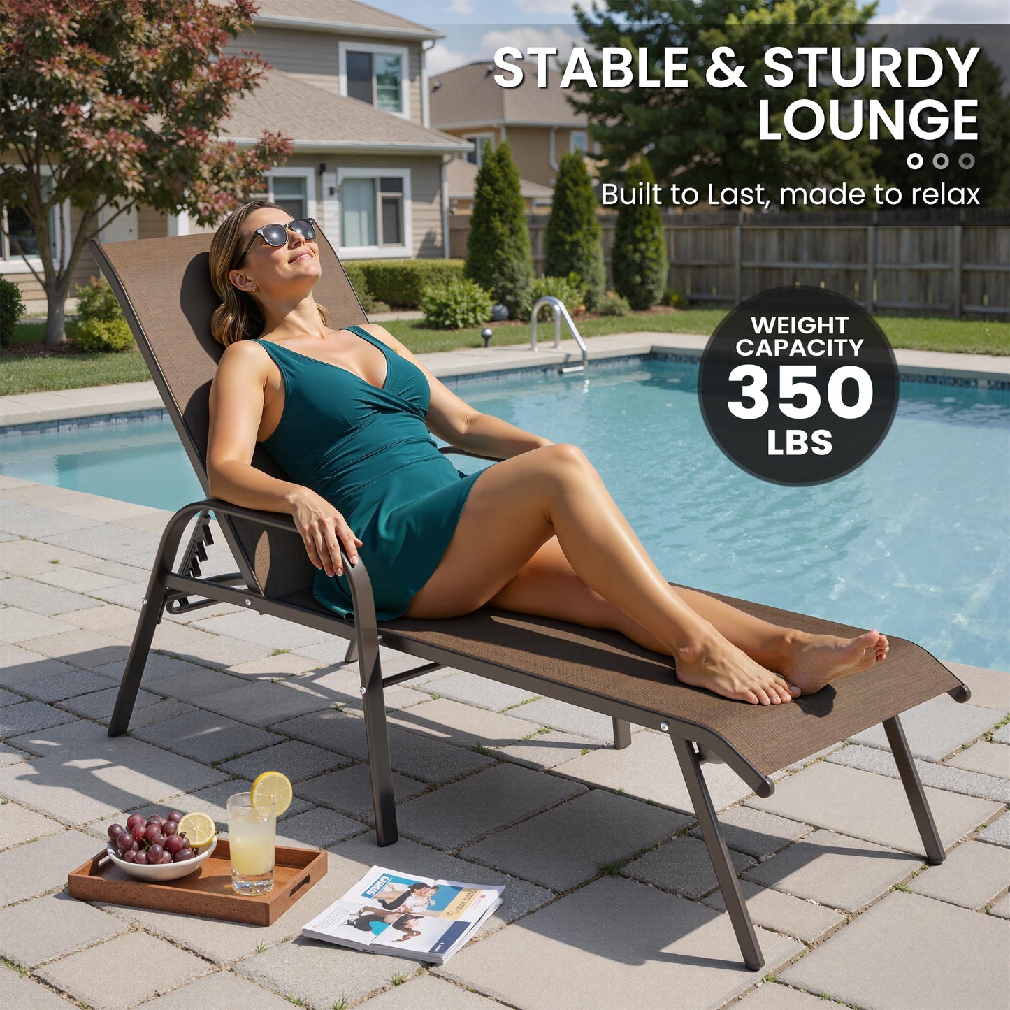 Crestlive Products Outdoor Chaise Lounge Chair, 5-Position Pool Lounge Chairs with Armrests Sunbathing Recliner for Patio, Beach, Deck, Yard (4PC Brown)