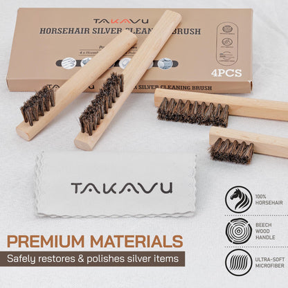 TAKAVU Horsehair Silver Brush Set of 4, Soft Detail Cleaning Brushes & Polishing Cloth, Non-Scratch Horsehair Brushes for Sterling Silver, Cutlery, Flatware, Jewelry & Antiques
