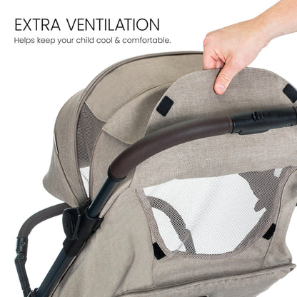 Britax Juniper+ Compact Stroller, Portable & Lightweight On-The-Go Stroller with Fastpack & One-Hand RapidFold, Infant Car Seat Compatible, Built-in Carry Strap, Ventilating Fabrics — Teak