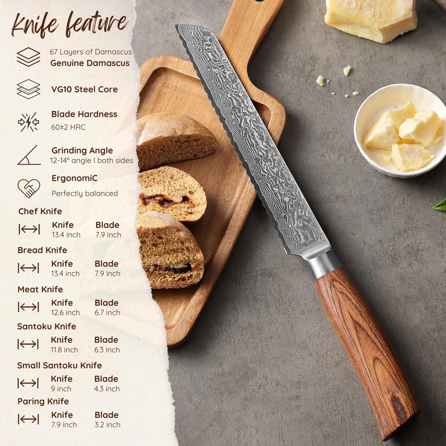 Wakoli EDIB Pro 6-Piece Damascus Knife Set – Professional Chef Knives Set with VG10 Core Blades, 67-Layer Damascus Steel and Ergonomic Pakkawood Handles – Premium Kitchen Knives in Elegant Gift Box