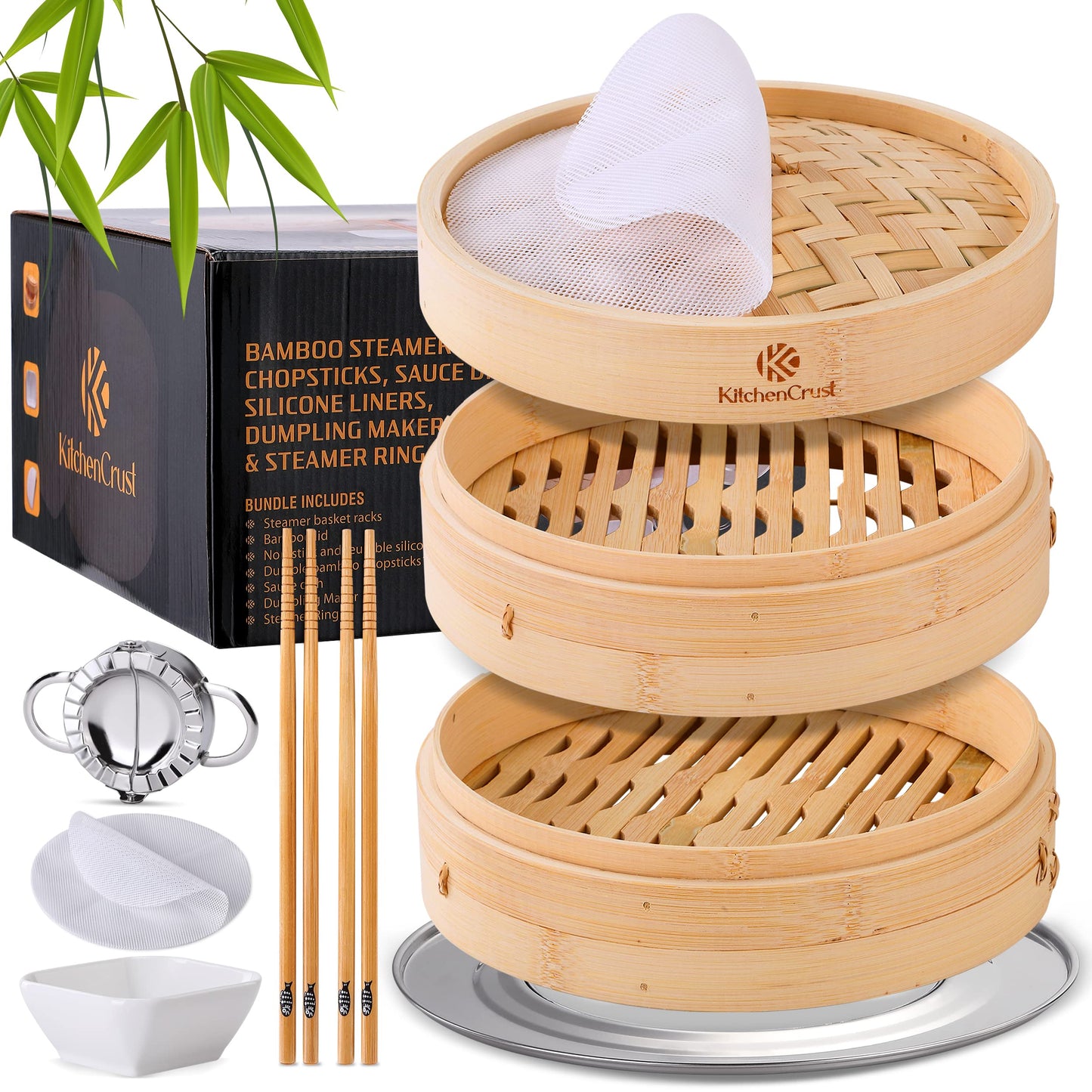 KITCHENCRUST Bamboo Steamer Basket for Chinese Asian Cuisine - 2 Tier 10-Inch Steaming Basket Bun Vegetable Steam, Dumpling Steamer bamboo steam basket, Sauce Dish, Chopsticks, Reusable Liners, Ring