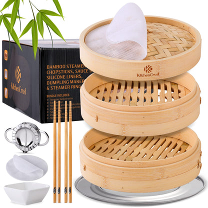 KITCHENCRUST Bamboo Steamer Basket for Chinese Asian Cuisine - 2 Tier 10-Inch Steaming Basket Bun Vegetable Steam, Dumpling Steamer bamboo steam basket, Sauce Dish, Chopsticks, Reusable Liners, Ring