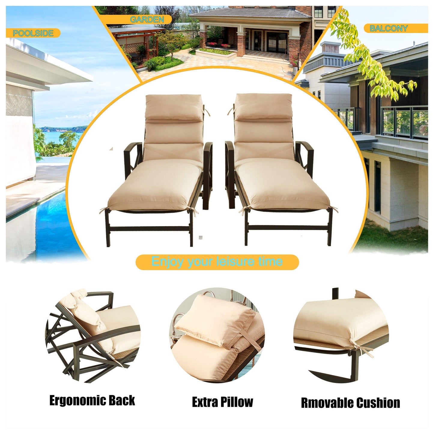 LOKATSE Home 2 Pieces Outdoor Patio Chaise Lounge Chair Blue Removable Cushions and Pillows with Adjustable Backrest and Armres Reclining Chairs for Beach Poolside Balcony Backyard Garden