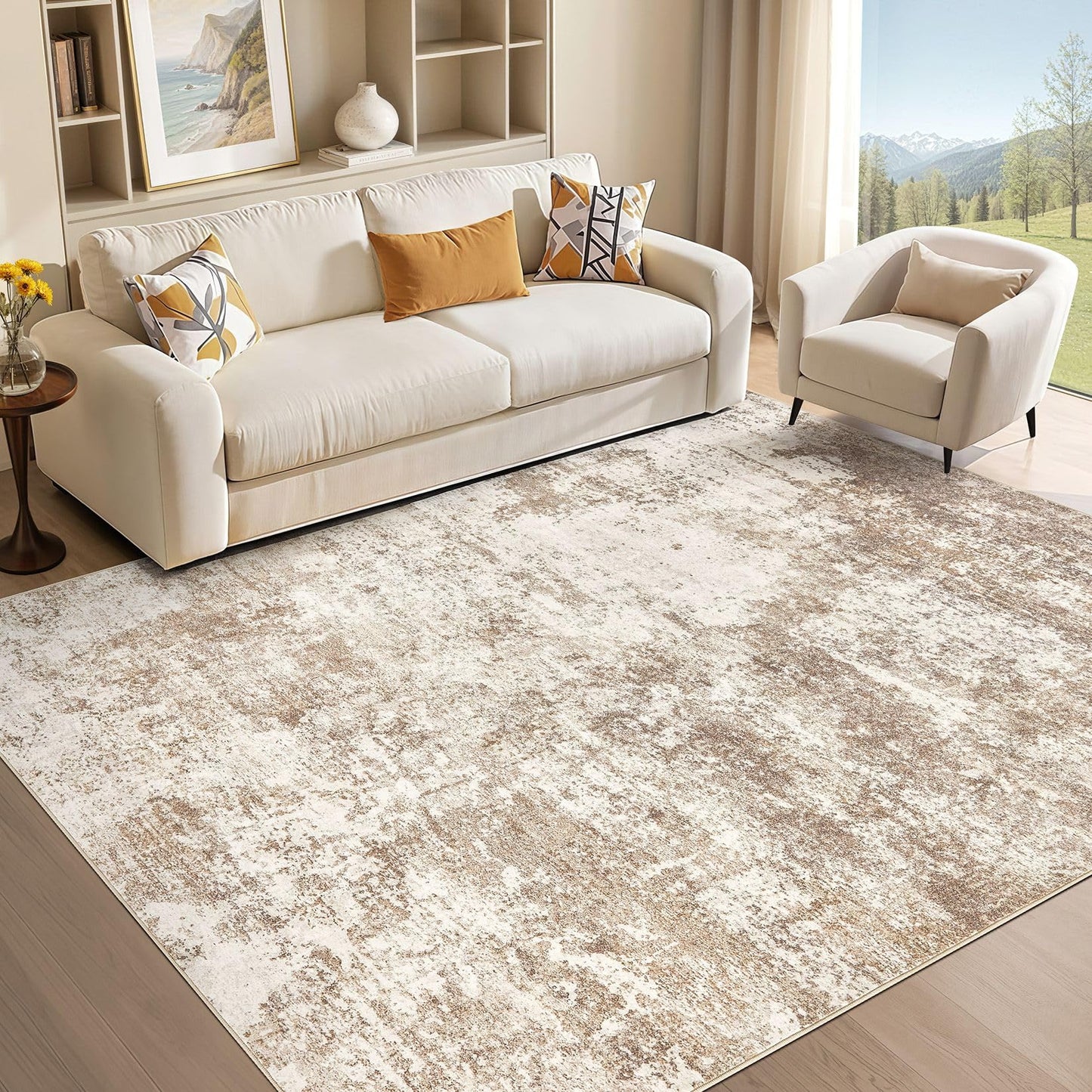 Micgeek Area Rug Living Room - 12X15 Abstract Washable Large Soft Foldable Non Slip Rug Neutral Modern Low Pile Carpet for Bedroom Nursery Dining Room Farmhouse Home Office Indoor - Brown