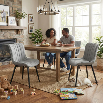 YOUNUOKE Mid-Century Modern Dining Chairs Set of 2, Grey PU Leather Upholstered Kitchen Chairs with Black Metal Legs, Armless Accent Chair for Dining Room, Guest Reception Room