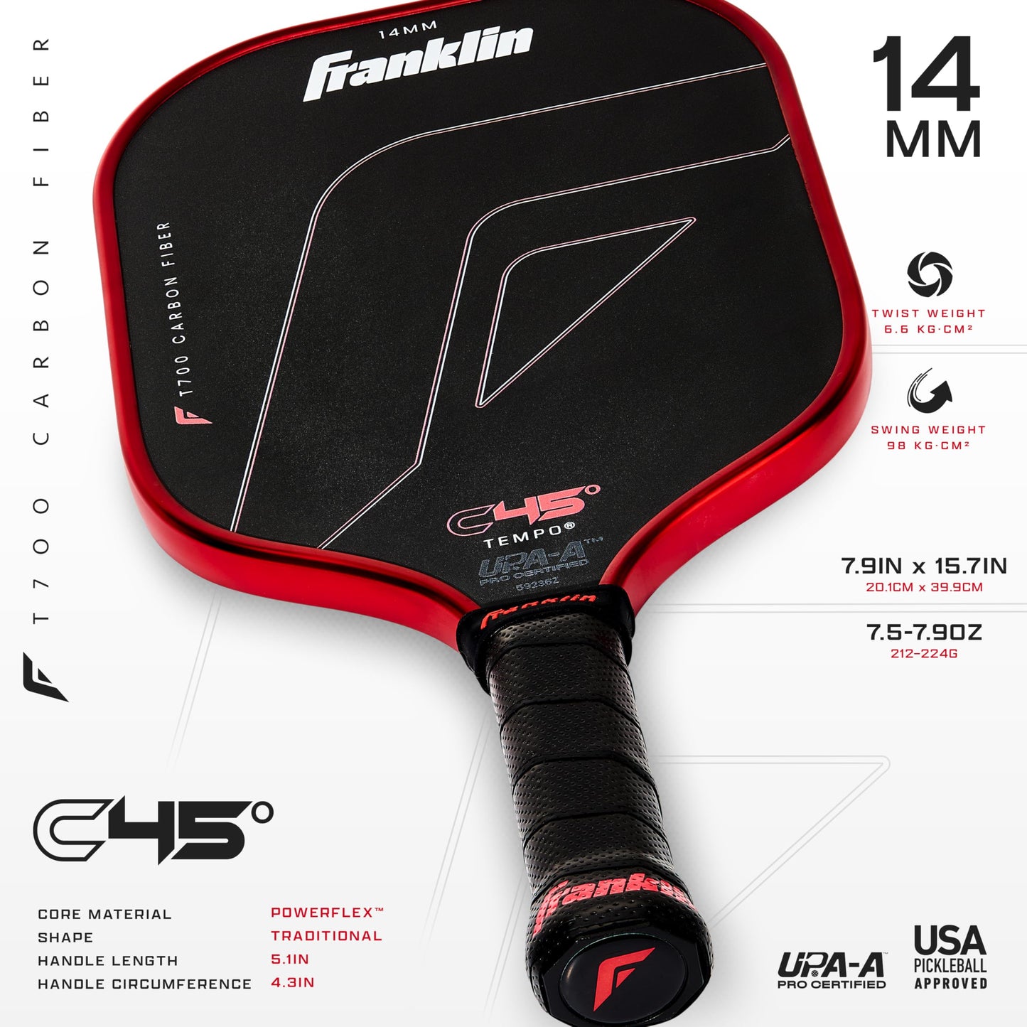 Franklin Sports PRO Pickleball Paddles – C45 Carbon Fiber Series - Official USAP + UPA Approved – Pro Player Design, TEMPO 14MM RED