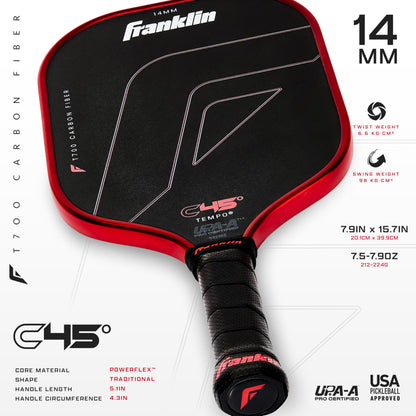 Franklin Sports PRO Pickleball Paddles – C45 Carbon Fiber Series - Official USAP + UPA Approved – Pro Player Design, TEMPO 14MM RED
