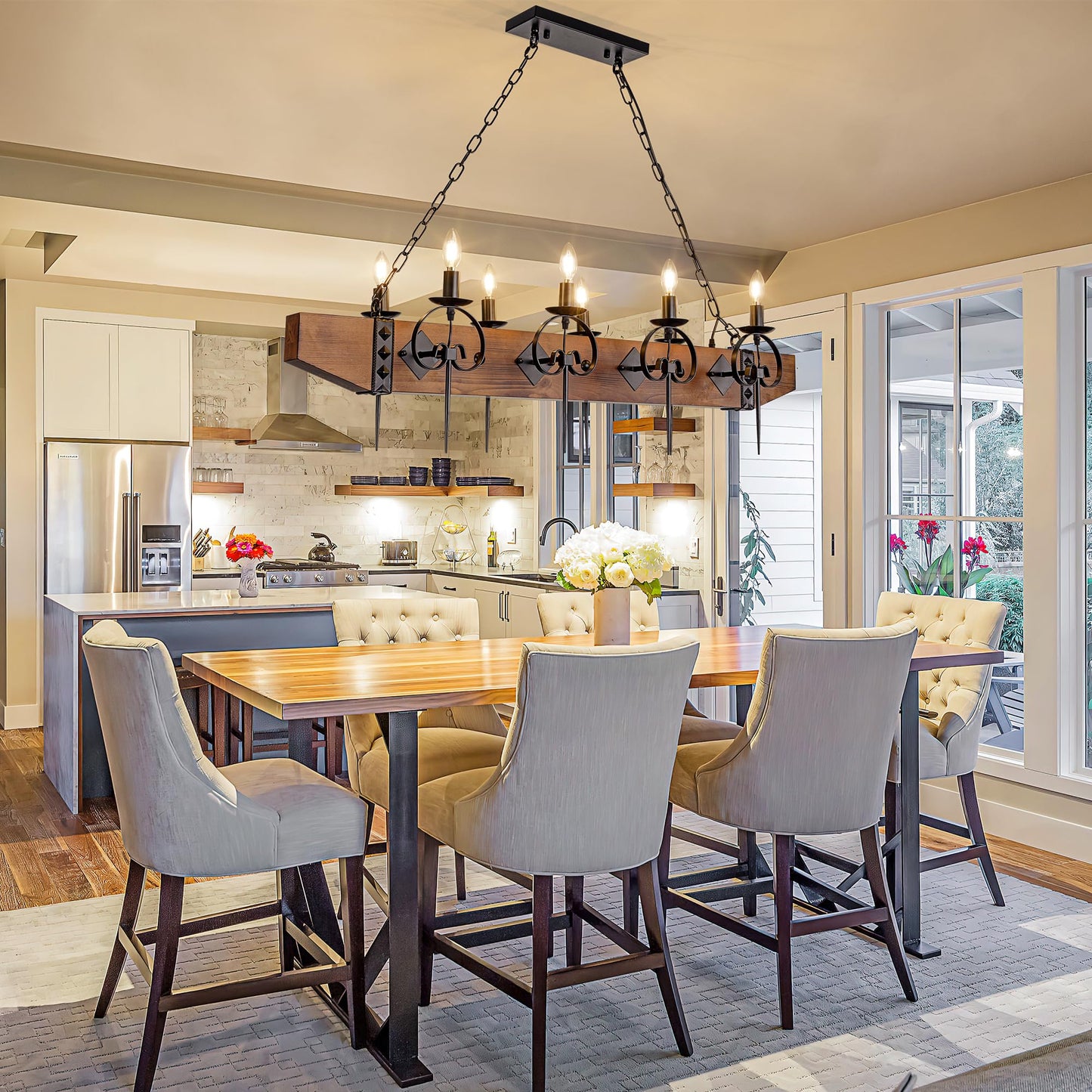 TOCHIC 48 Inch Black Farmhouse Chandelier, 8-Light Rustic Wood Chandeliers for Dining Room, Western Kitchen Pendant Lighting Over Island, Large Ceiling Light Fixture for Living Room, Bedroom, Bar