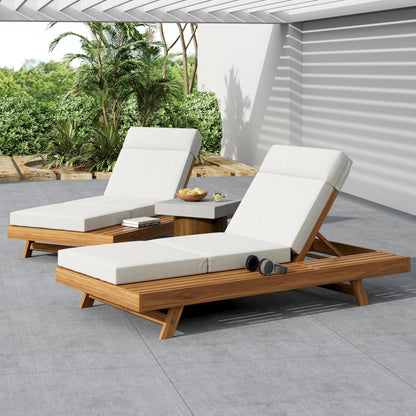 Christopher Knight Home Kayes Acacia Wood Chaise Lounge Chair Outdoor Set of 2, Poolside Sun Lounger Recliner, Patio Outdoor Chaise Lounge with 4'' Four-Folds Cushion, Teak+Cream