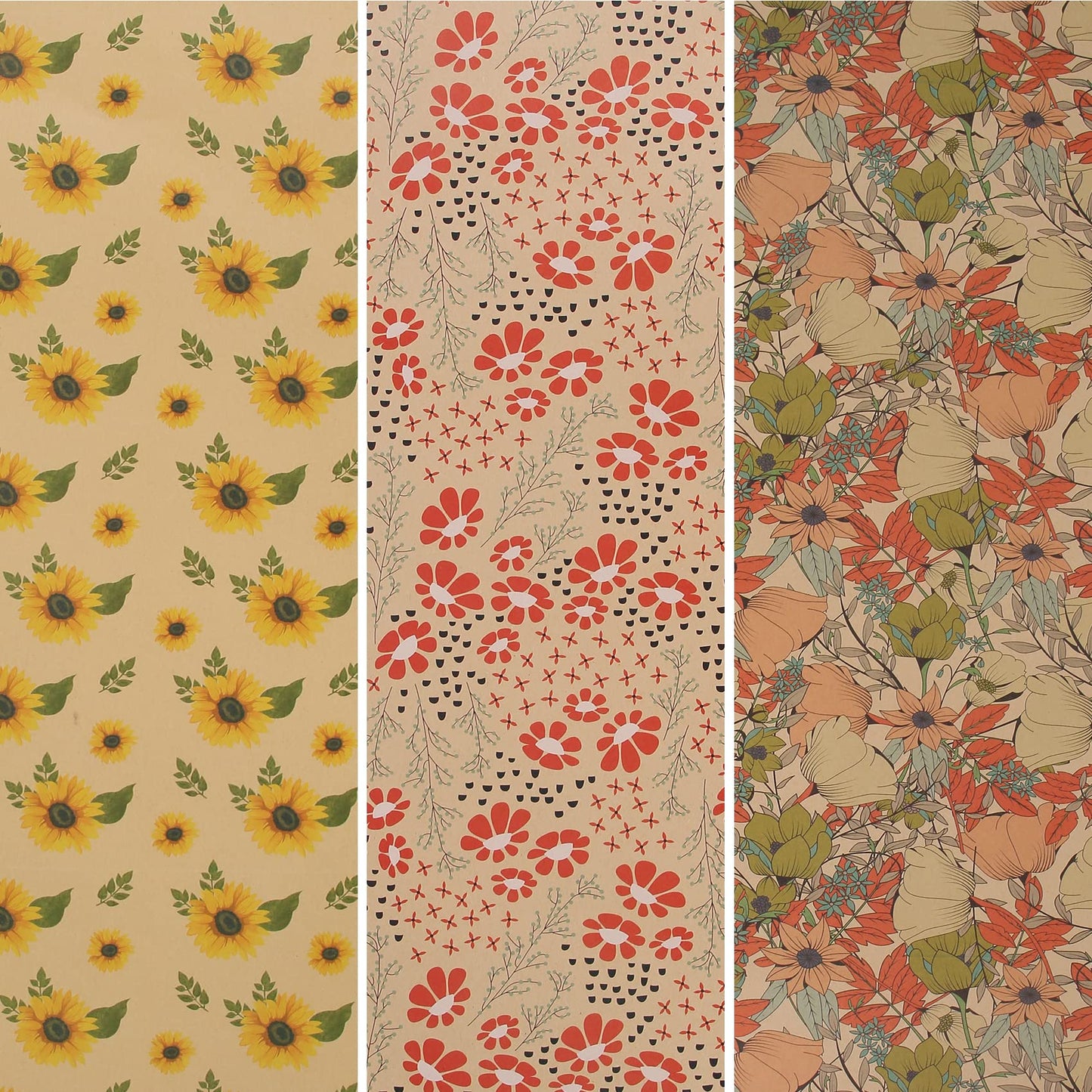 Aimyoo Kraft Floral Wrapping Paper Bundle, Vintage Spring Flowers Rose Gift Wrap Paper for Wedding Bridal Shower Birthday, 3 Rolls 17 in x 10 ft per Roll