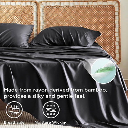 PureWoven King Size Sheet Set - Cooling Rayon Bamboo Sheets | Deep Pocket, Soft & Breathable Black Bedding for Hot Sleepers