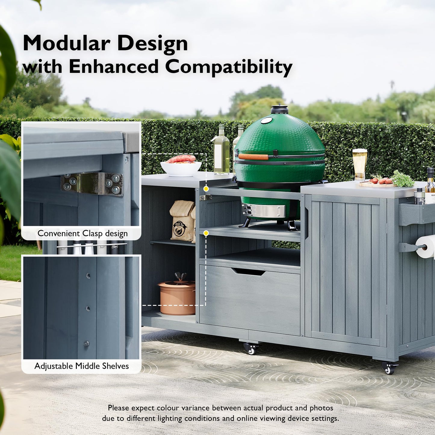 Trygoal 66.5" Outdoor Kitchen Island for Big Green Egg & Kamado Joe - 1380 sq in Heavy Duty Grill Cart with Stainless Steel Top - Solid Wood Rolling BBQ Prep Station with 6 Wheels & Storage, Grey Blue