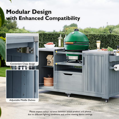 Trygoal 66.5" Outdoor Kitchen Island for Big Green Egg & Kamado Joe - 1380 sq in Heavy Duty Grill Cart with Stainless Steel Top - Solid Wood Rolling BBQ Prep Station with 6 Wheels & Storage, Grey Blue