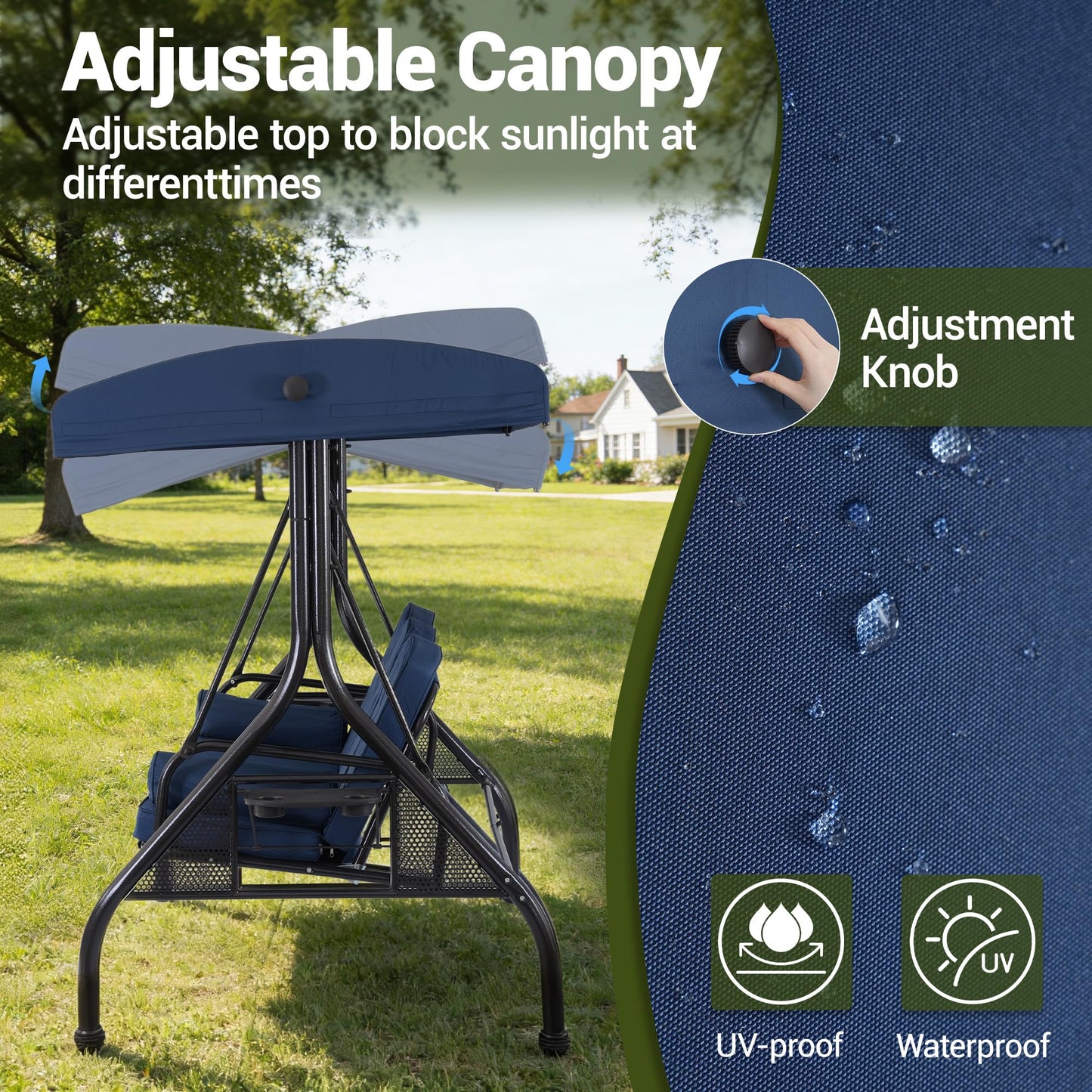 WINVO 3-Seat Outdoor Porch Swing with Adjustable Canopy, 2 in 1 Convertible Patio Swing Bed, Patio Glider Swing for Adult, with Cup Holder and Pillow for Backyard, Blue