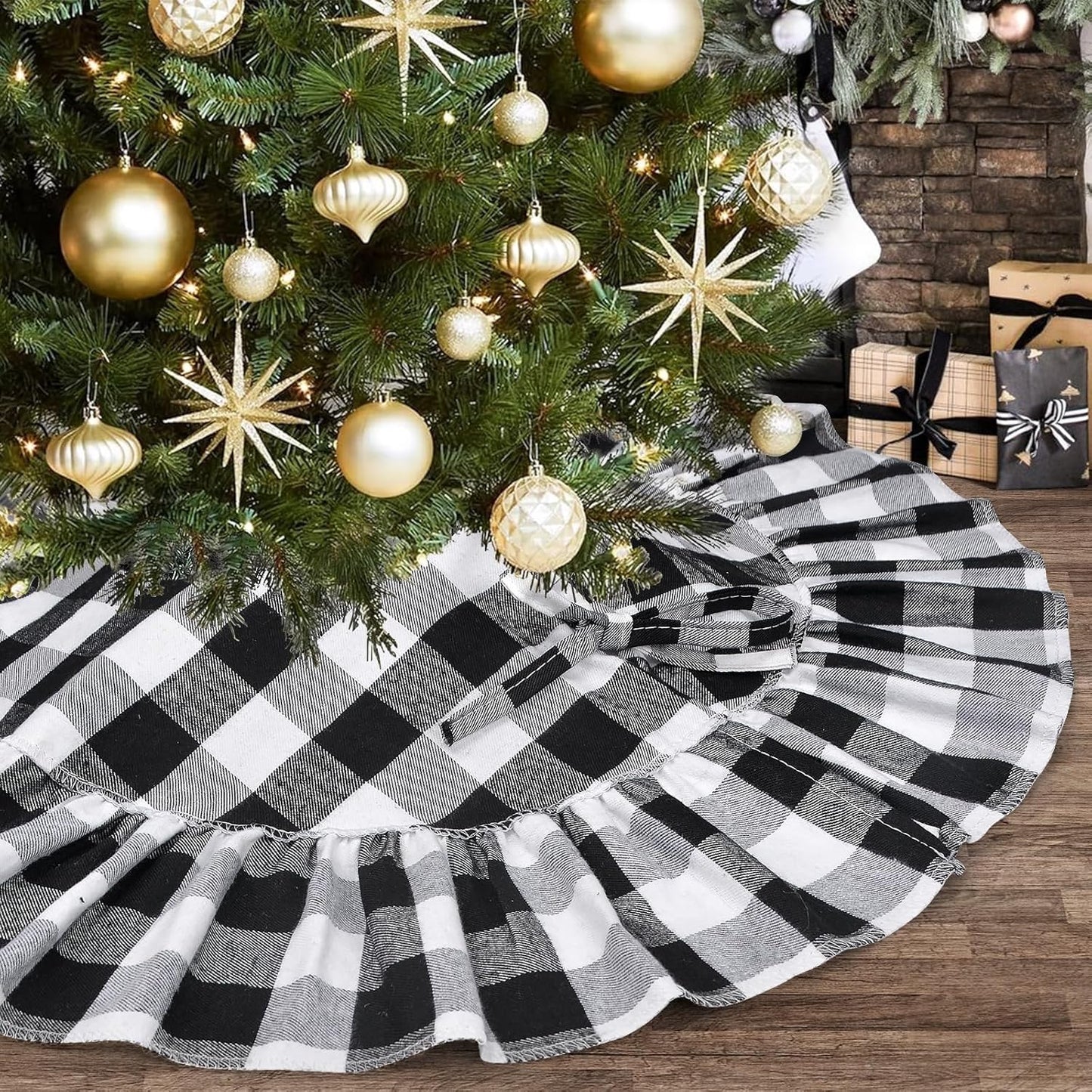 Yuboo Buffalo Plaid Tree Skirt, Black and White Check Mini 24 Inch for Tabletop Holiday Decor