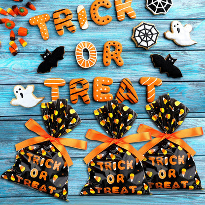 Tenare 100 Pcs Halloween Cellophane Treat Bags Plastic Goodie Candy Bags Corn Wrapped Gift Loot Bags with 22 Yards Ribbon for Treating Class Parties Favor Crafts, 6 x 9 Inch