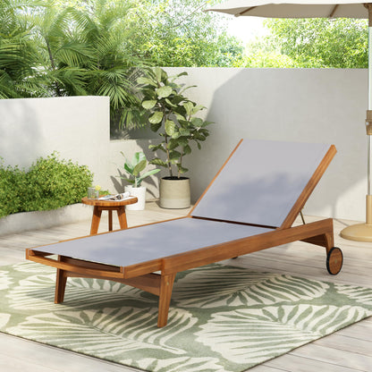 Merax Outdoor Chaise Lounge, Acacia Wood Patio Recliner with Breathable Mesh, Adjustable Backrest, Weather-Resistant Sun Lounger for Poolside & Backyard Grey