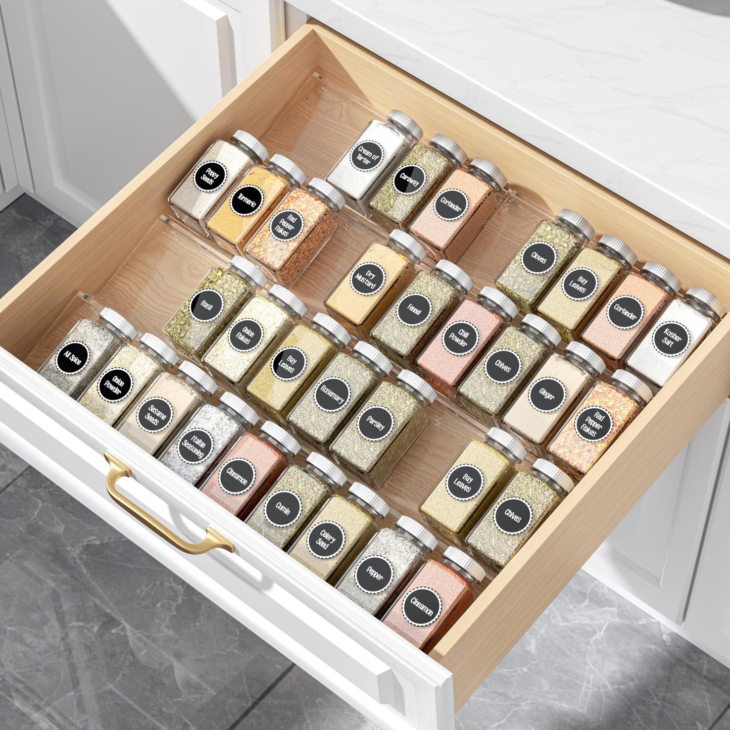 MIUKAA Clear Acrylic Spice Drawer Organizer, 4 Tier- 2 Set Expandable From 9" to 18" Seasoning Jars Drawers Insert, Kitchen Spice Rack Tray for Drawer/Countertop (Jars not included)