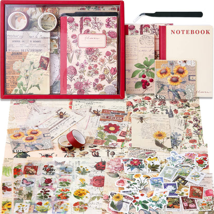 emmoolife Vintage Aesthetic Scrapbooking Supplies Kit, Flowers Botanical Bullet Junk Journal Kit with Journaling Supplies, Tweezers, A6 Grid Notebook,Stationery,Sticker, Birthday Craft Gift for Adult