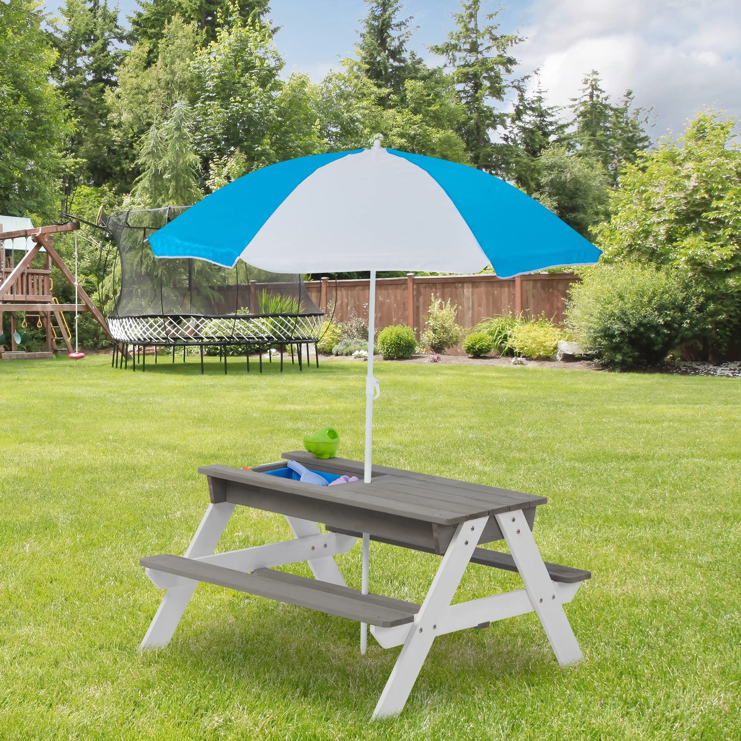 3 in 1 Outdoor Wooden Picnic Table with Umbrella, Convertible Sand Wate, Gray CPSIA Certification