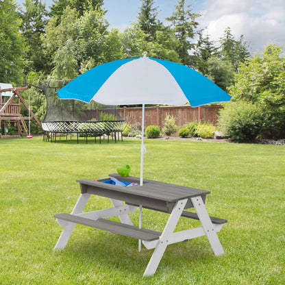 3 in 1 Outdoor Wooden Picnic Table with Umbrella, Convertible Sand Wate, Gray CPSIA Certification