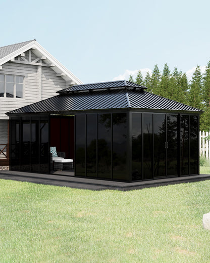 GarveeLife 12x20 ft Sunroom Hardtop Gazebo, Enclosed Gazebo with Floor-to-Ceiling Sliding Doors, All-Aluminum Alloy Frame, Screen Outdoor Room Solarium for Backyard, Patio, and Deck