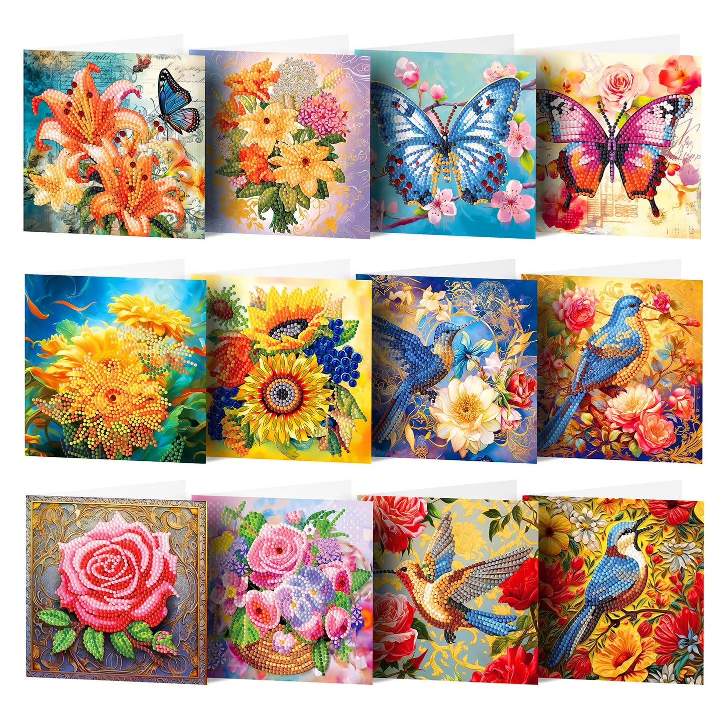 pigpigboss 12 Packs Flower Butterfly Diamond Painting Greeting Card Kit, Bird Diamond Art Birthday Cards with Envelope, Diamond Dots Thank You Card for Beginner Adult Birthday Holiday Blessing