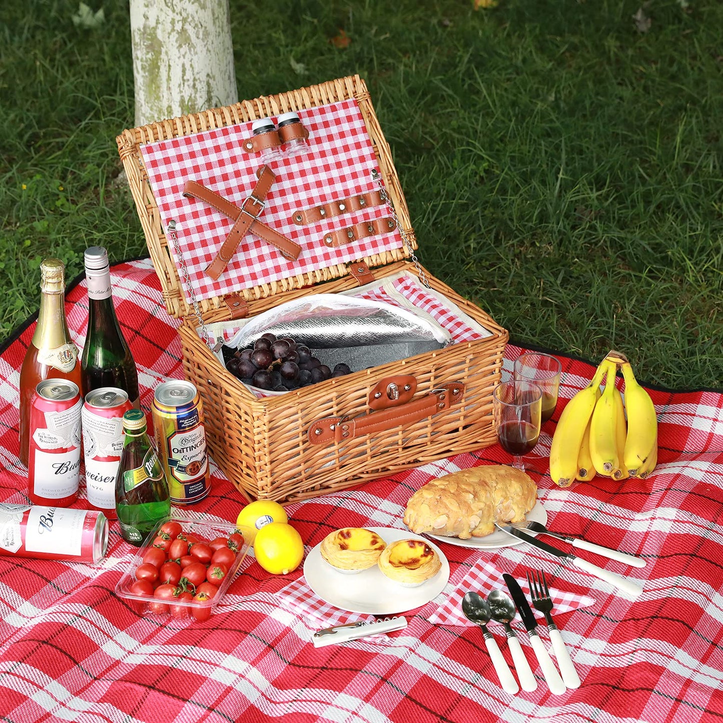 ZORMY Wicker Picnic Basket for 2 Person, Willow Hamper Basket Sets with Insulated Compartment, Handmade 2 Person Picnic Basket Classical Red Check with Utensils Cutlery Perfect for Picnic, Camping