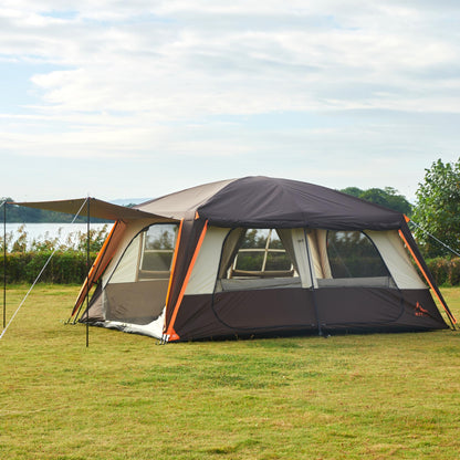 KTT Extra Large Tent 12 Person,Family Cabin Tents,Awning,2 Rooms,4 Doors and 4 Windows with Mesh,Straight Wall,Waterproof,Double Layer,Big Tent for Outdoor,Picnic,Camping,Family Gathering(Brown)