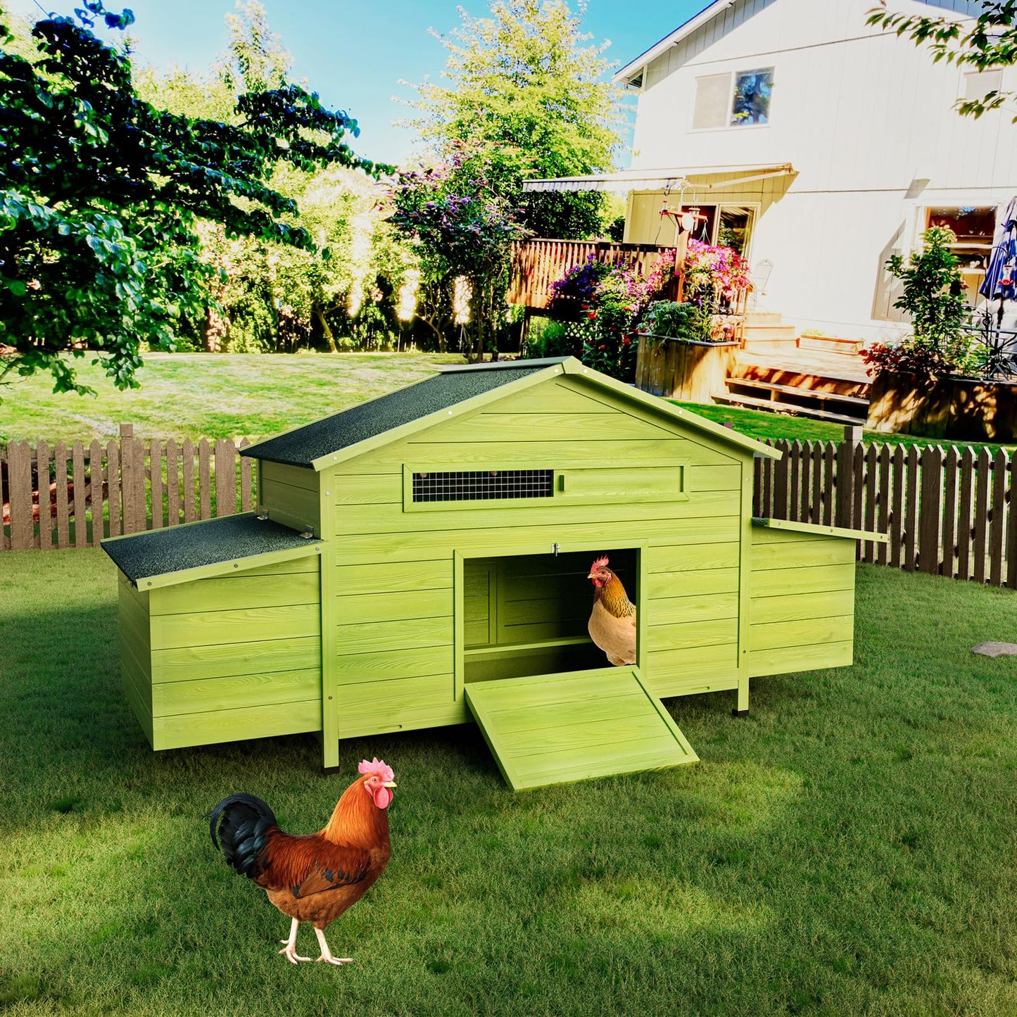KEIKI Large Wooden Chicken Coop for 6-8 Chickens, Outdoor Hen House, Poultry Pet Hutch Cage with 2 Nesting Boxes, 2 Free-Range Doors, Perch, Pull-Out Tray, Green