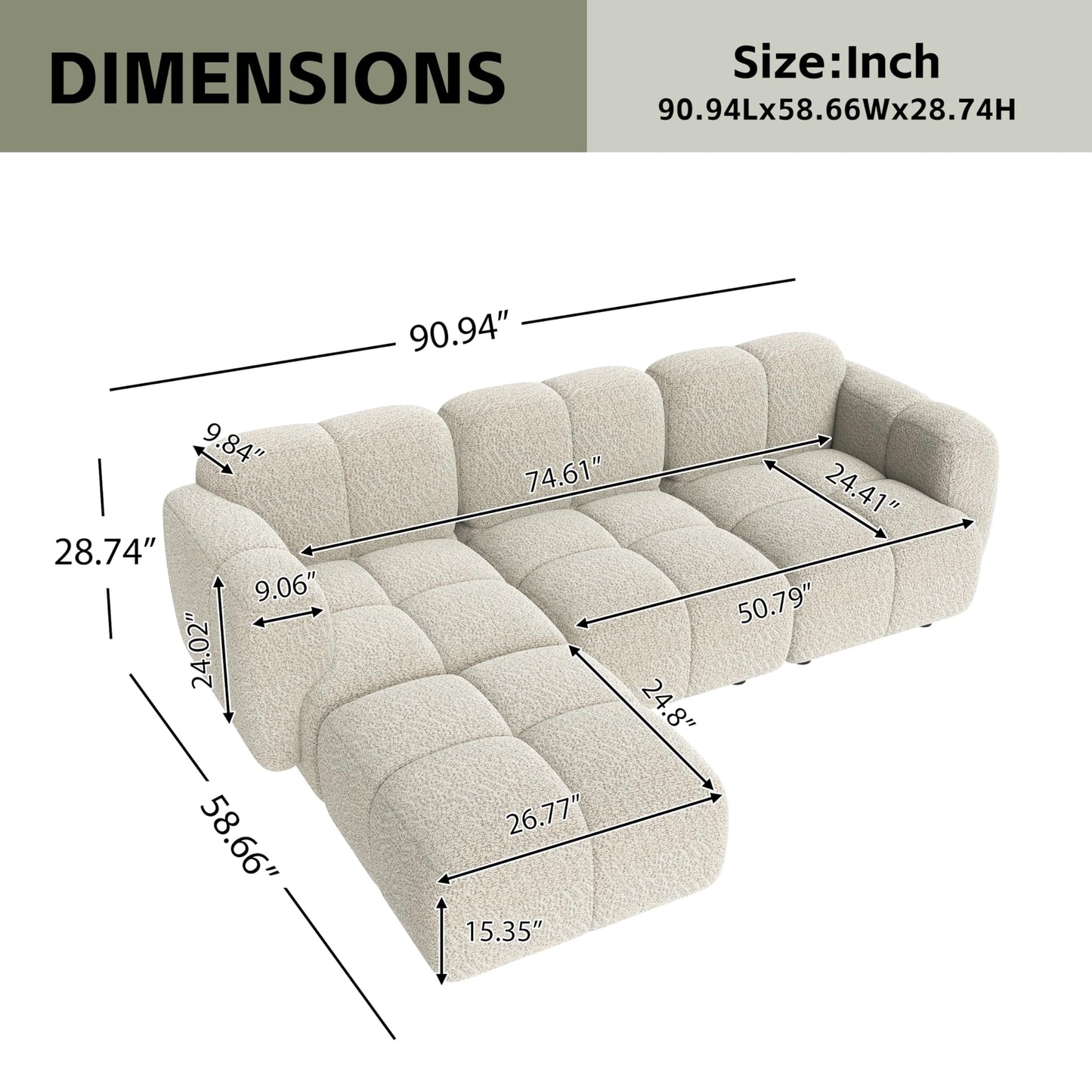 Christopher Knight Home Simi Modular L-Shaped Sofa Couch with Movable Ottoman, Boucle Upholstered Modular Sectional Sofa with Footrest, Modern Home Sofa Living Room, Comfy Cloud Couch, Beige