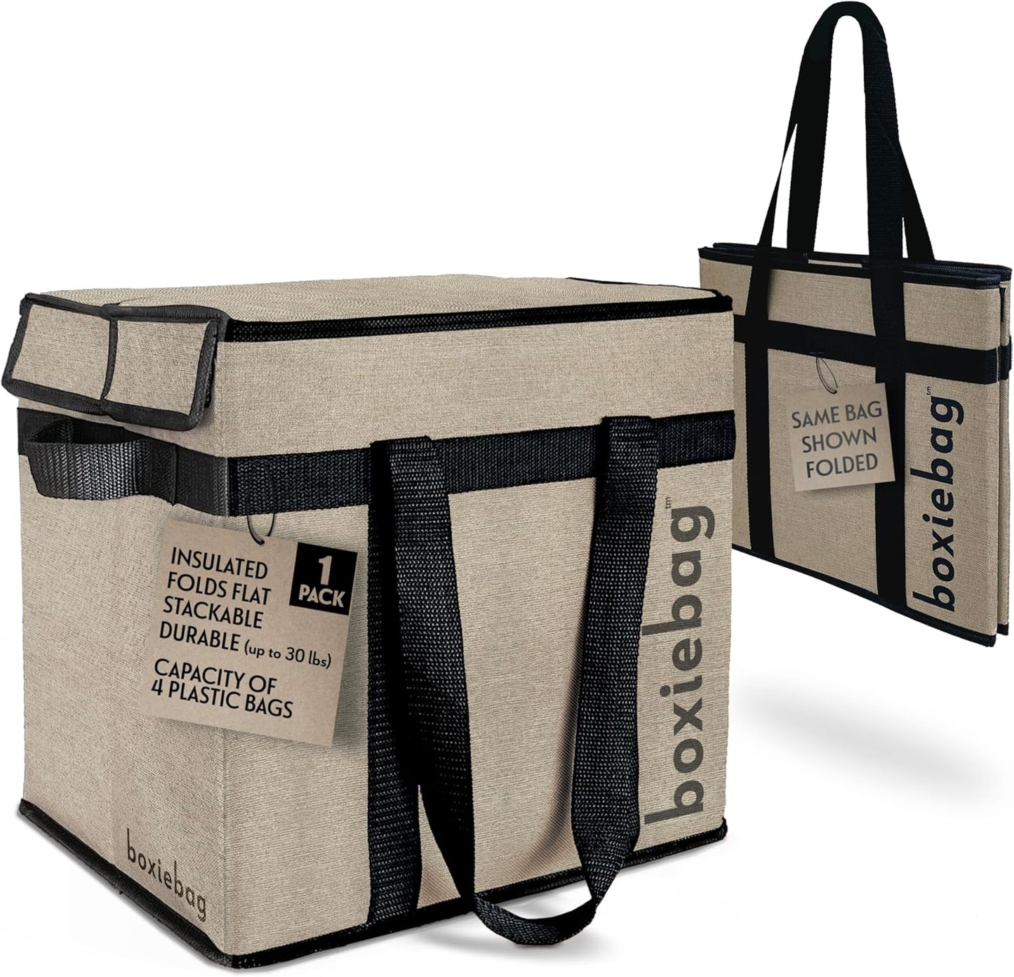 2 Boxiebag Reusable Grocery Bag (Single) Durable Reusable Shopping Bag Box. Insulate, Stand Up, Stay Open, Fold Flat