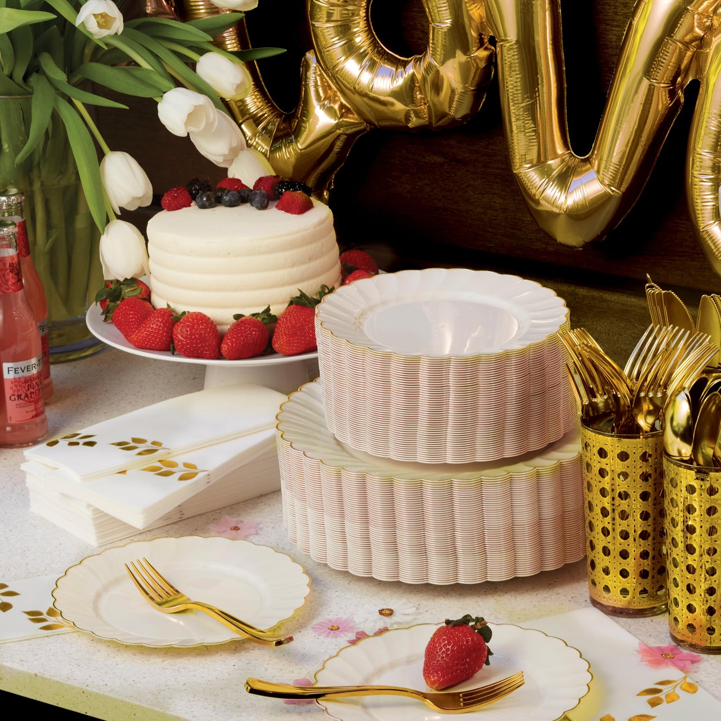 By Madee HEAVYWEIGHT 100 Pc Scalloped Ivory & Gold Plastic Plates for Party | 50 Dinner & 50 Dessert Disposable Plates Heavy Duty | Elegant & Fancy for Wedding, Baby Shower, Bridal Shower - 50 Guests