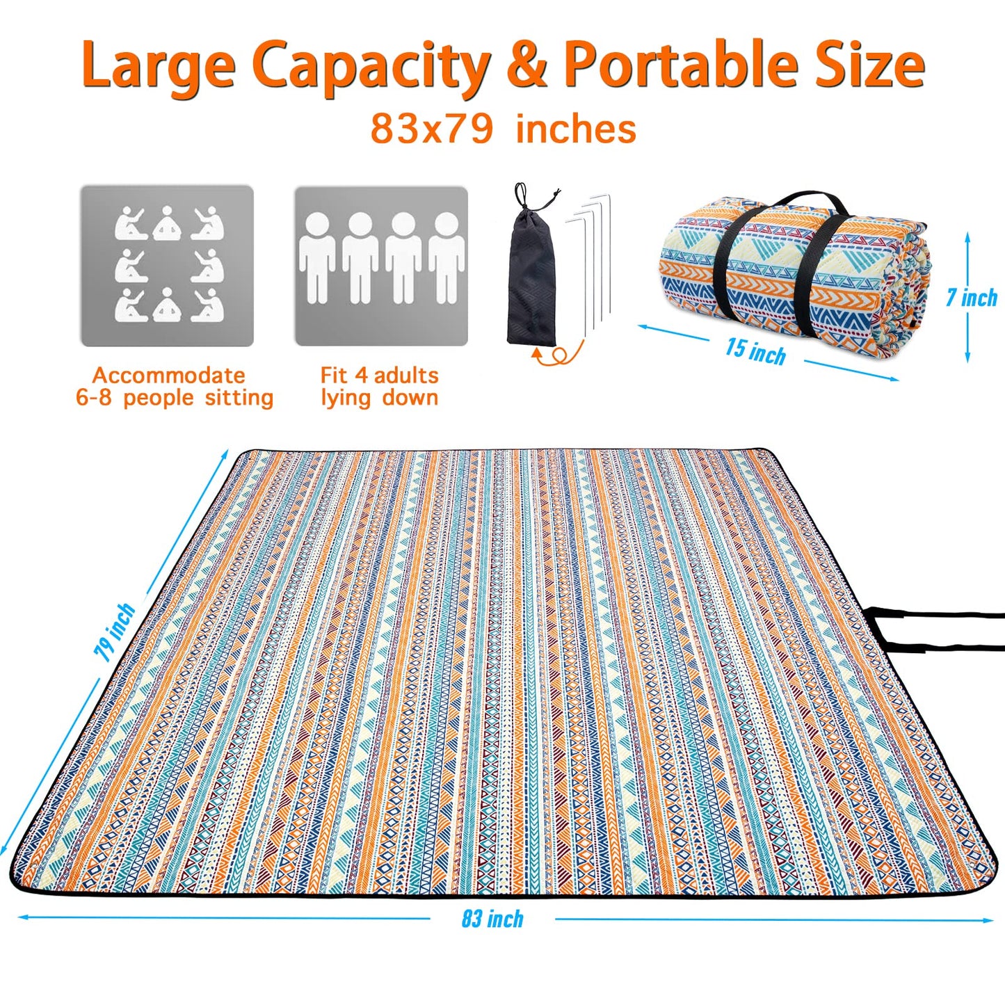 PY SUPER MODE Picnic Blankets Extra Large, Waterproof Foldable Outdoor Beach Blanket Oversized 83x79” Sandproof, 3-Layer Picnic Mat for Camping, Hiking, Travel, Park, Concerts(Orange Boho)