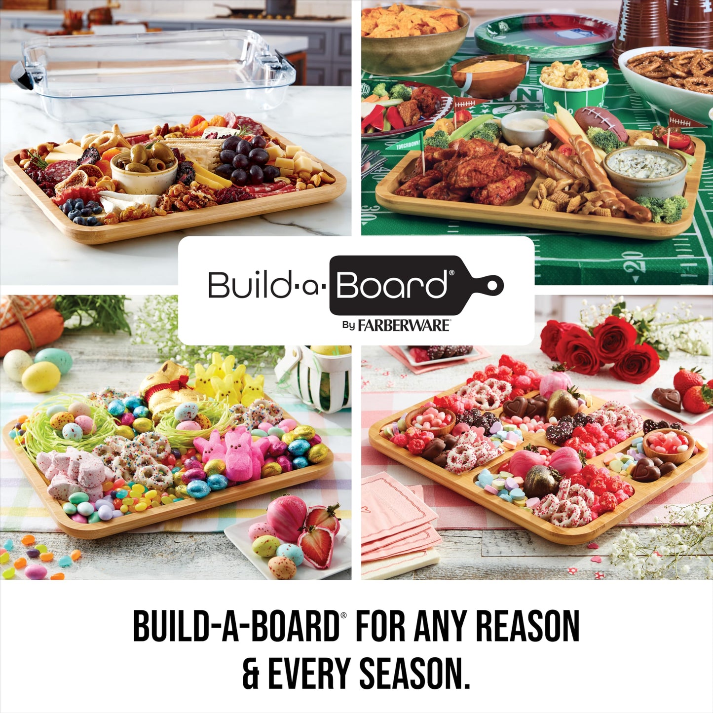 Farberware Build-A-Board Bamboo Cutting Board with Built-In Compartments & Clear Locking Lid, Black Handles – Charcuterie, Snack Tray, Food Prep and Serving Platter