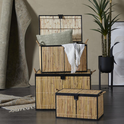 Deco 79 Rattan Handmade Decorative Trunk Nesting Decorative Large Boxes, Set of 3 Storage Trunks 25", 21", 18"W, Light Brown