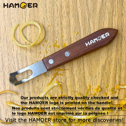 HAMOER Channel Knife Zester - Fruit and Vegetable Tool for Decorating Cocktails, Desserts, and Salads Stainless Steel Tip Wooden Handle