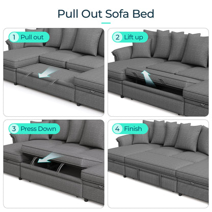 LINSY HOME Oversized Sectional Sleeper Sofa with Pull Out Couch Bed (Gray, 118.5'')