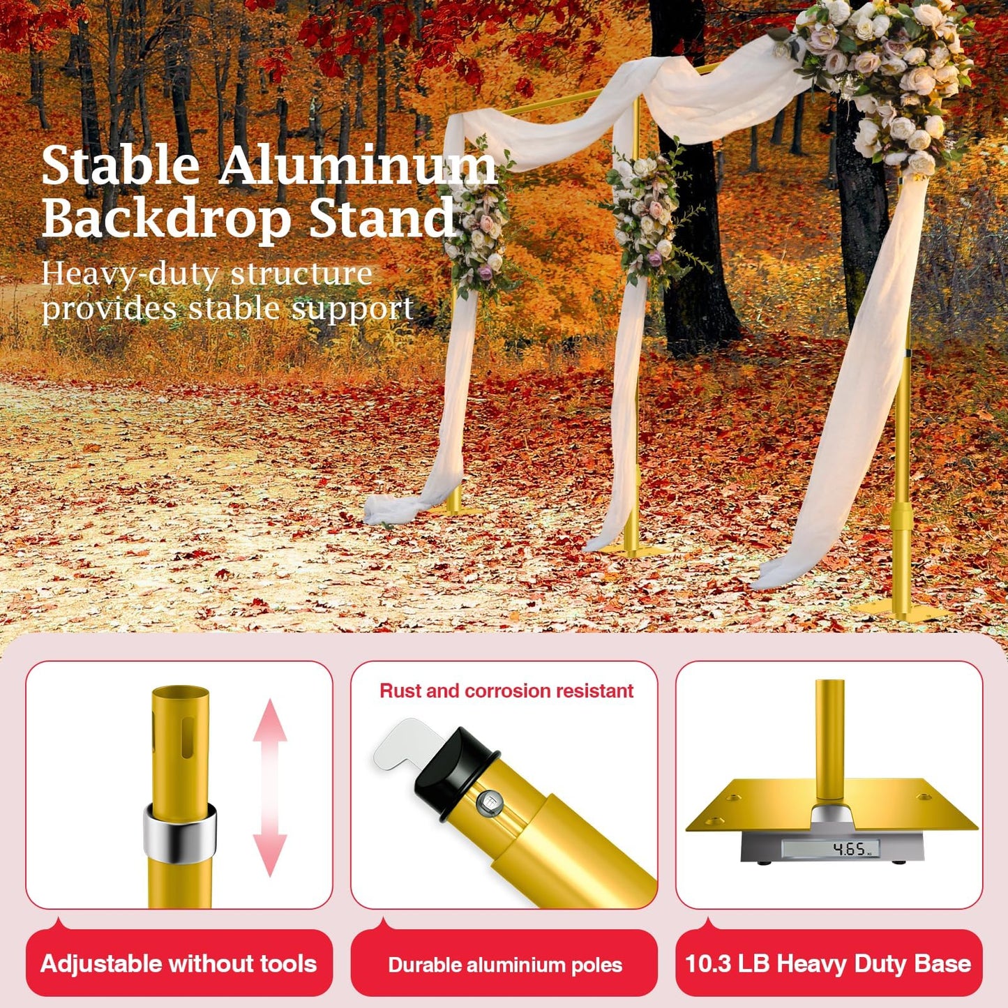 EMART Backdrop Stand Heavy Duty 8.9ftx20ft, Adjustable Pipe and Drape Photo Background Support Kit, Metal Frame with Flat Base for Wedding Birthday Party Banquet Decorations-Gold