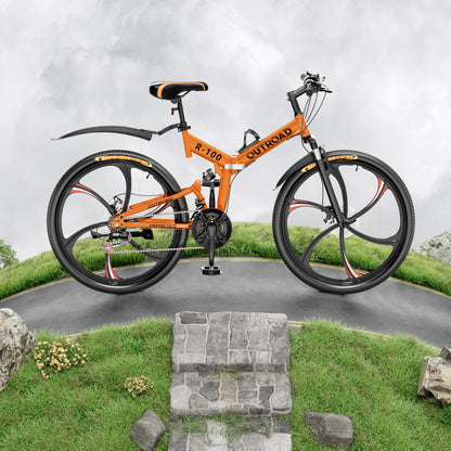 Outroad 26 Inch Folding Mountain Bike, 21 Speed Full Suspension High-Carbon Steel MTB Foldable Bikes, Dual Disc Brake Non-Slip Folding Bicycle for Adults/Men/Women, 26 inch-Orange