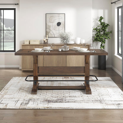 Lexicon 78 Inch Rectangular Counter Height Dining Table for 6, Rustic Farmhouse Kitchen Table, Rubberwood, Acacia Veneer, Black Metal Footrest, for Dining Room/Kitchen, Brown