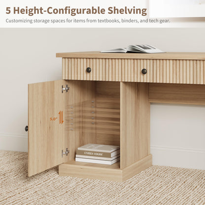 Garvee 60" Office Desk with Storage & Drawers. Fluted Wood Computer Desk with Power Outlet & Adjustable Shelves.Modern Executive Desk for Home Office/Bedroom/Gaming-Burlywood