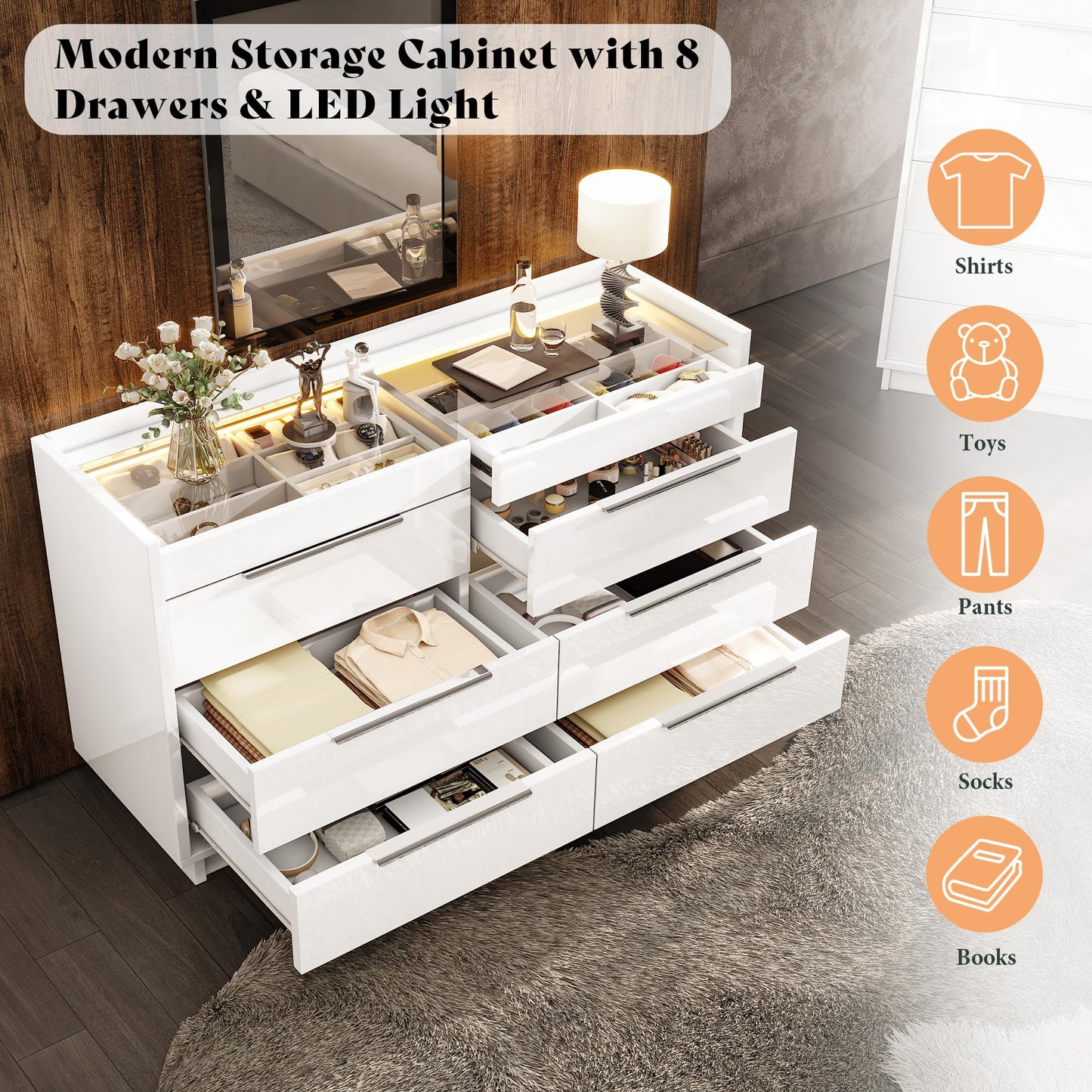 AMERLIFE 47.2" W 8 Drawer Dresser with LED Light & Glass Top, Modern High Gloss Storage Chest with 2 Jewelry Drawers, Storage Organizer for Bedroom, White