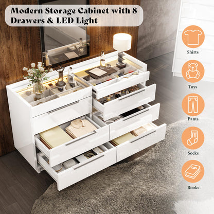 AMERLIFE 47.2" W 8 Drawer Dresser with LED Light & Glass Top, Modern High Gloss Storage Chest with 2 Jewelry Drawers, Storage Organizer for Bedroom, White
