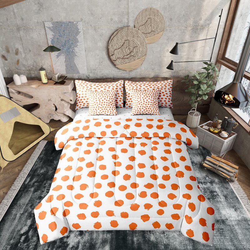 Erosebridal Brush Stroke Sheet Set Queen Size Polka Dots Bed in A Bag 7 Pcs for Kids Girls Boys Farmhouse Orange White Comforter Set Lightweight Bed Set